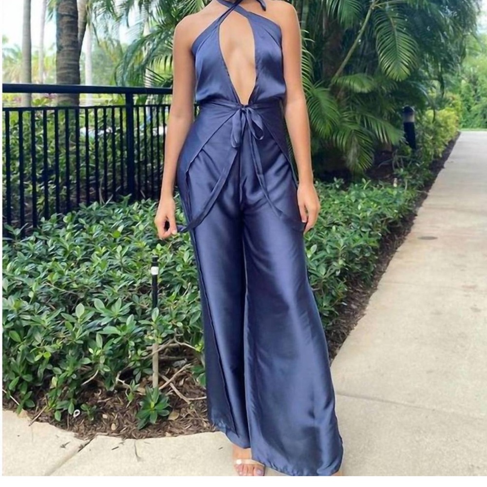 BALIAWEAR standard jumpsuit wrap pants in steel blue satin - Picture 9 of 15